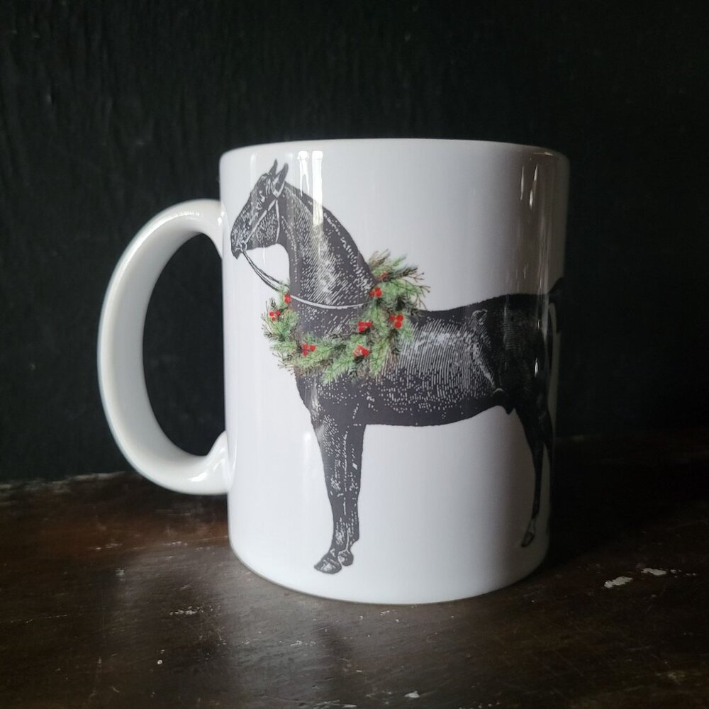 Vintage Horse with Wreath Design Ceramic Coffee Mug 12 oz, Farmhouse Kitchen